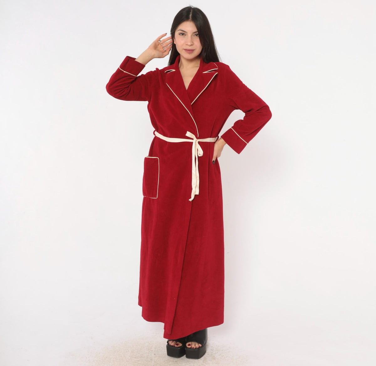 80s Kayser Red Wrap Robe Maxi Dressing Gown White Piping Medium M