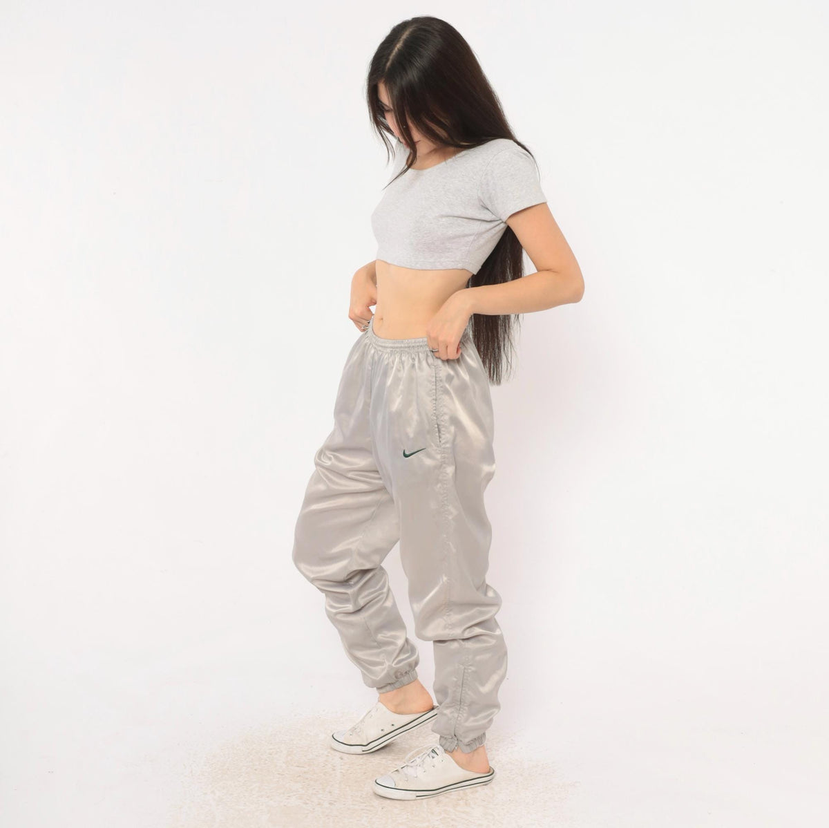 90s Nike Track Pants Grey Nylon Tapered Joggers Ankle Zip Medium M