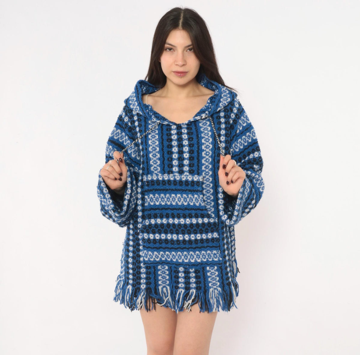 90s Cobalt Blue Baja Hoodie Woven Stripe Kangaroo Pocket Unisex Large