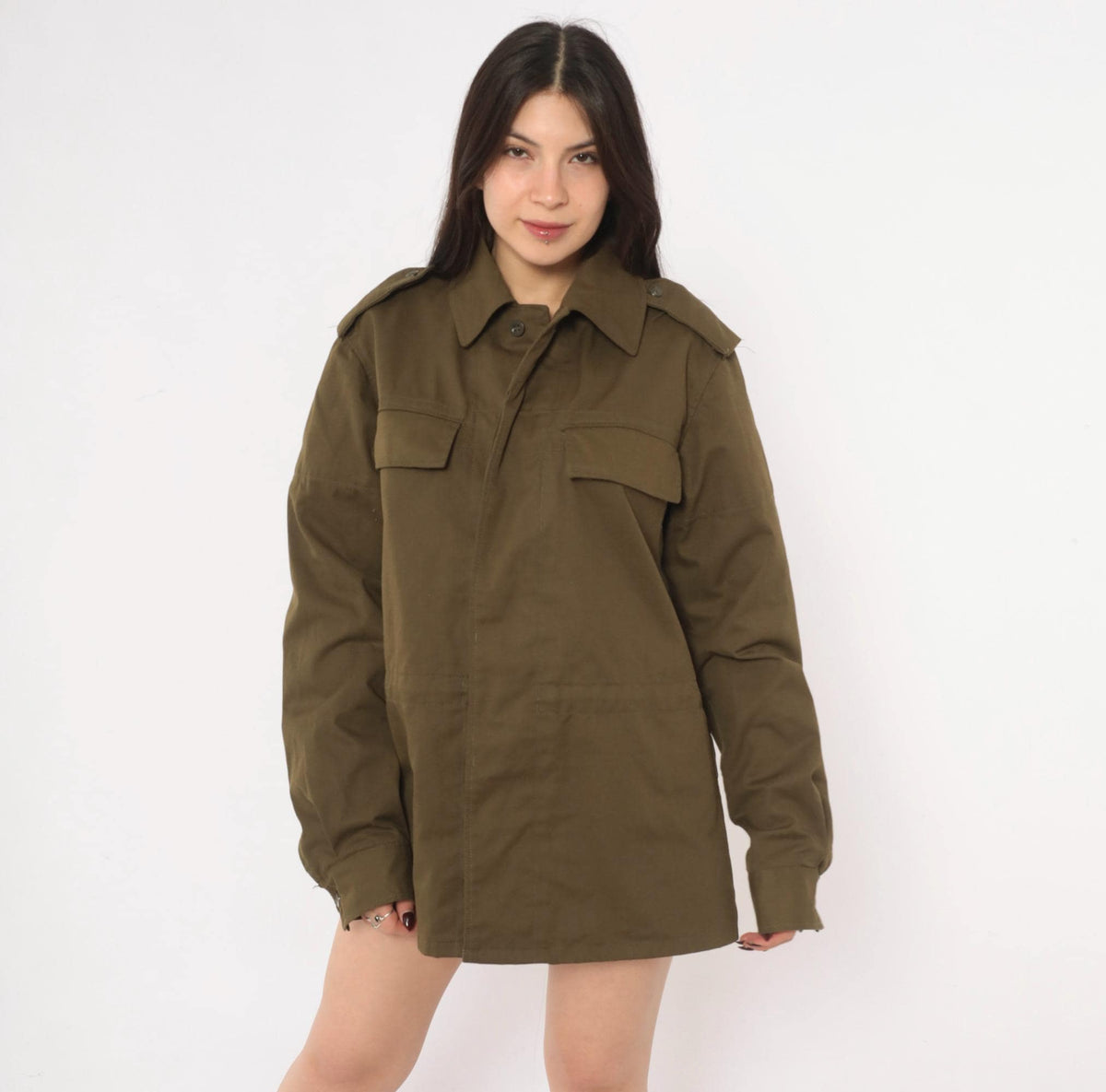 90s Olive Green Military Field Jacket Cotton Button Front Medium
