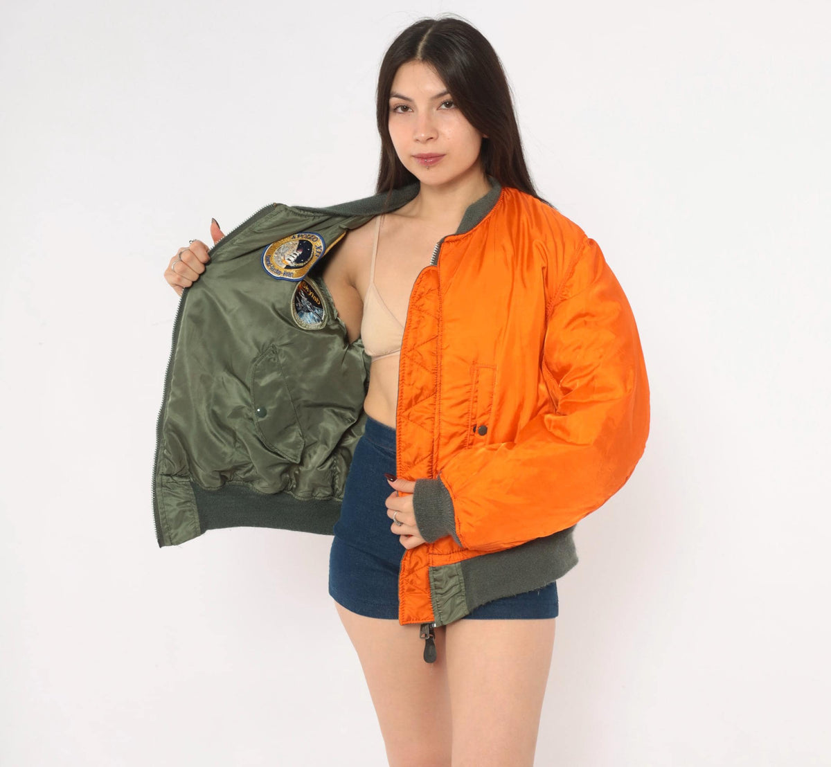 90s MA-1 Bomber Jacket Olive Green Reversible Orange Flight Coat Large L