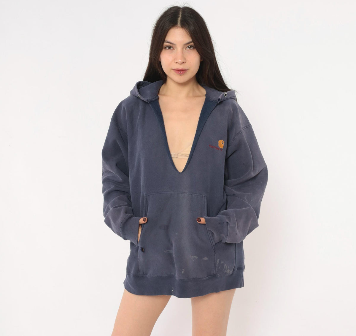 Y2K Carhartt Navy Hooded Sweatshirt Distressed Raglan Cotton Large