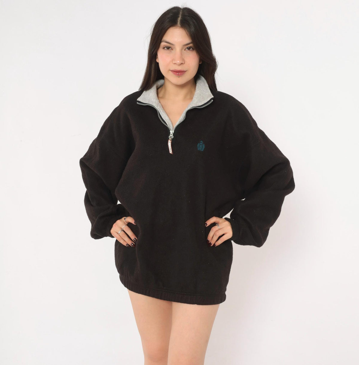 90s Snow Fleece Black Half Zip Pullover Grey Collar Raglan Extra Large XL