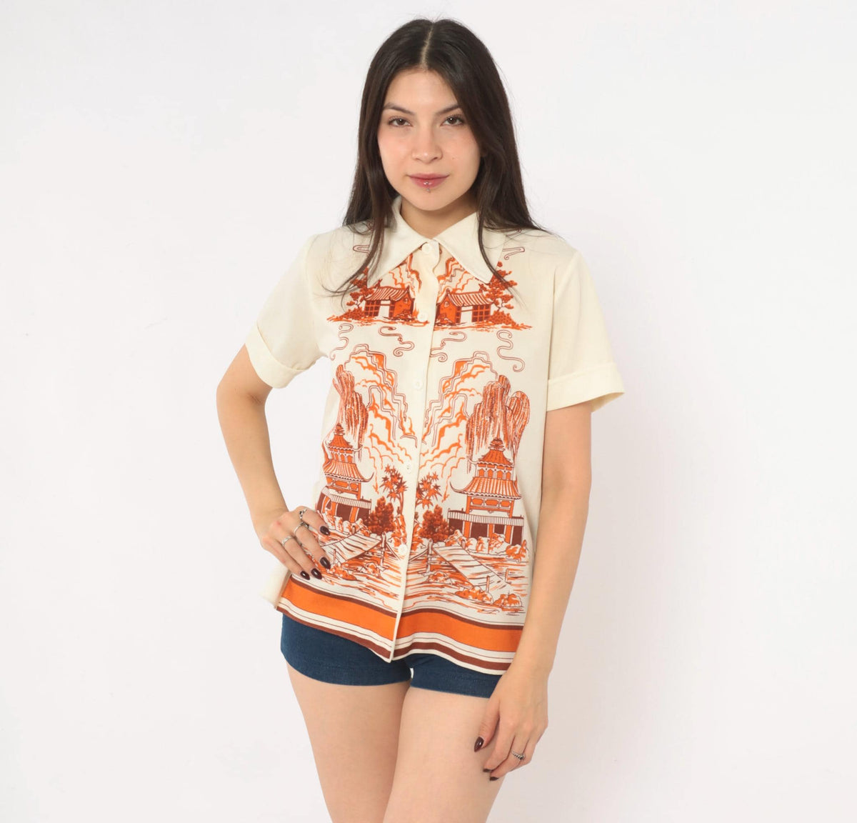 70s Pagoda Willow Tree Scenic Print Blouse Cream Orange Pointed Collar Medium