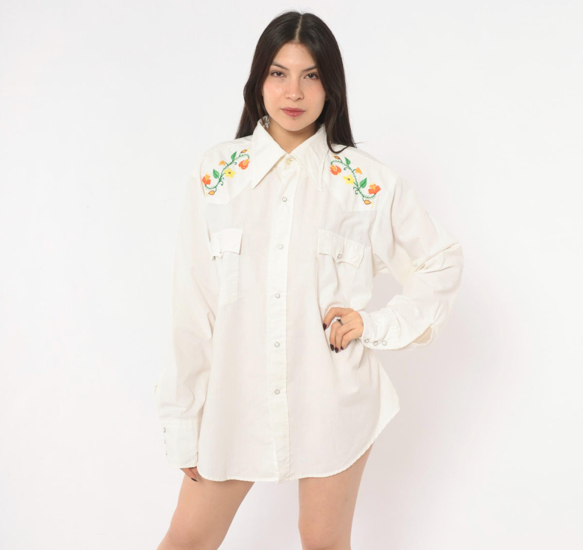 70s Levi's Western Shirt Floral Embroidered Yoke White Pearl Snap Large