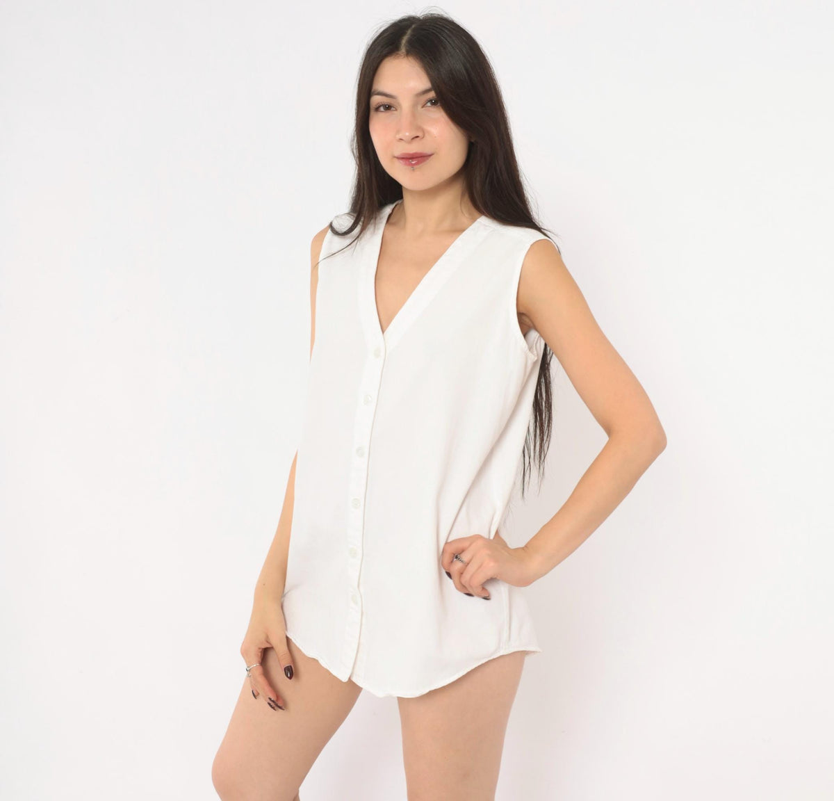 90s D.A.K. White Cotton Sleeveless Blouse V-Neck Button Front Medium