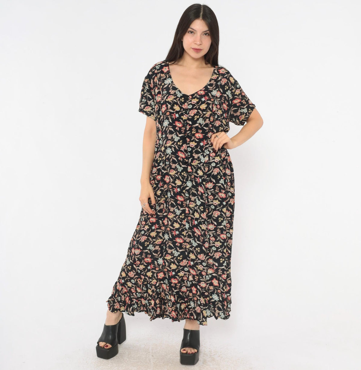 90s Contempo Casuals Black Floral Midi Dress Button Front V Neck Large L
