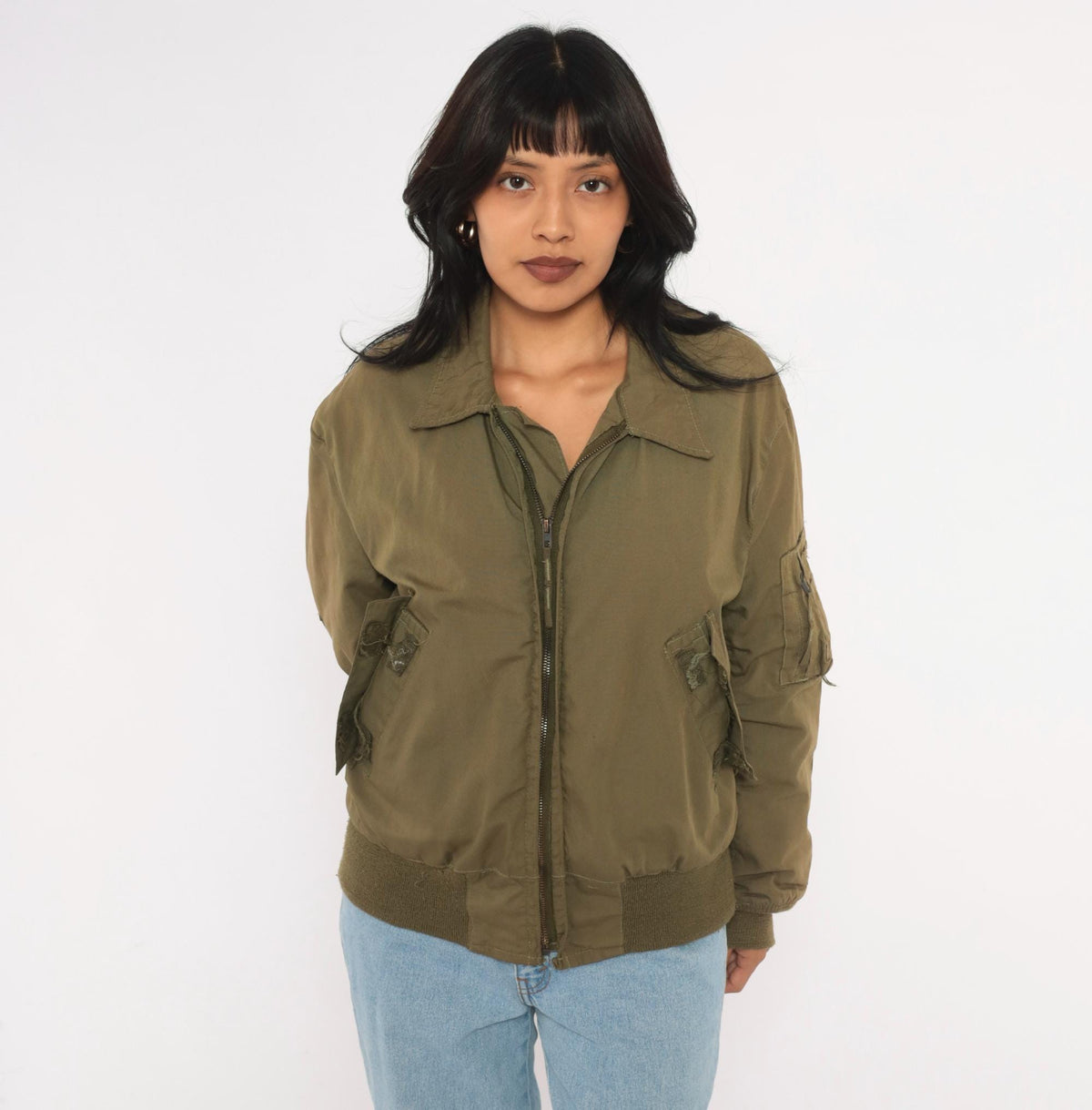 90s Olive Green Military Flight Jacket Bomber Zip Front Medium