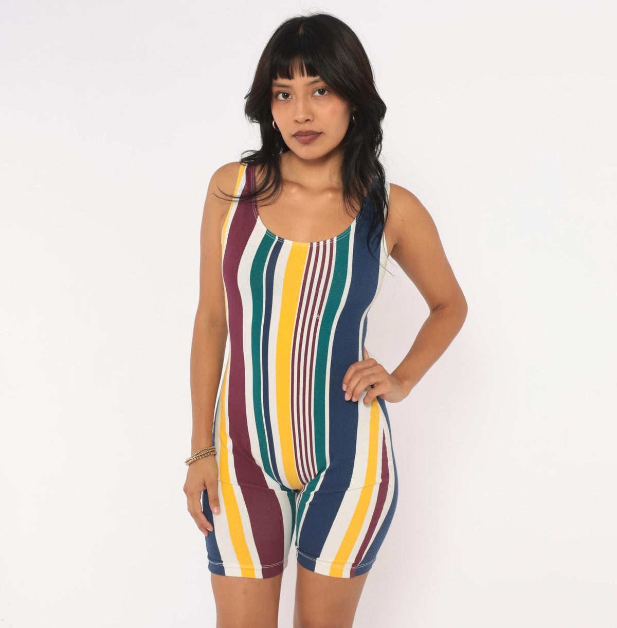 90s L.A. Sport Striped Bike Short Romper White Burgundy Scoop Neck Small