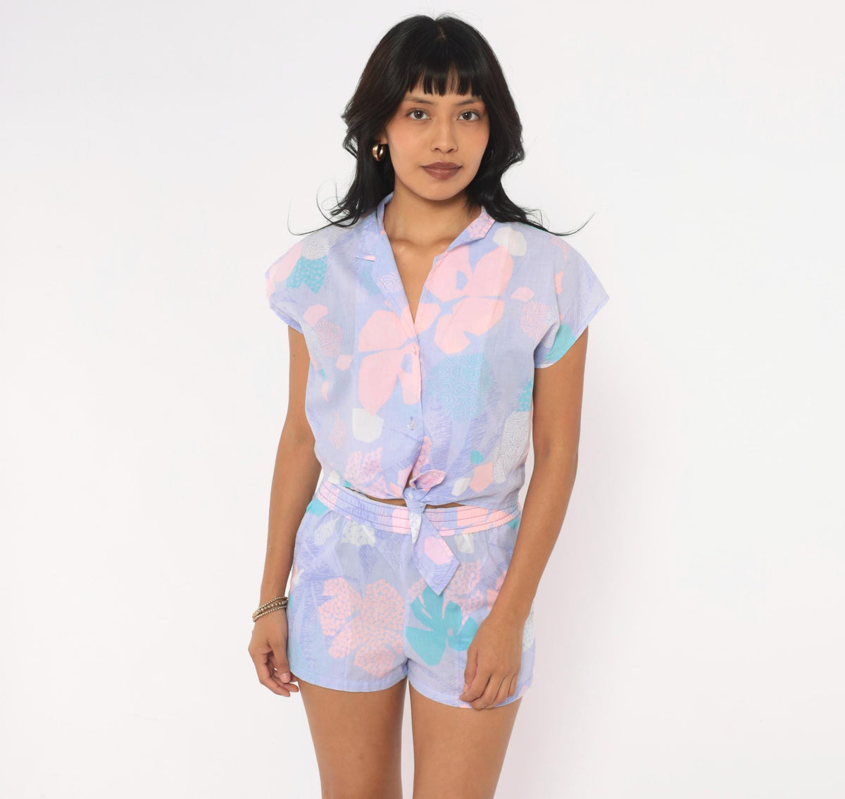 80s Hilo Hatties Purple Floral Two Piece Shorts Set Hawaiian Playsuit Small