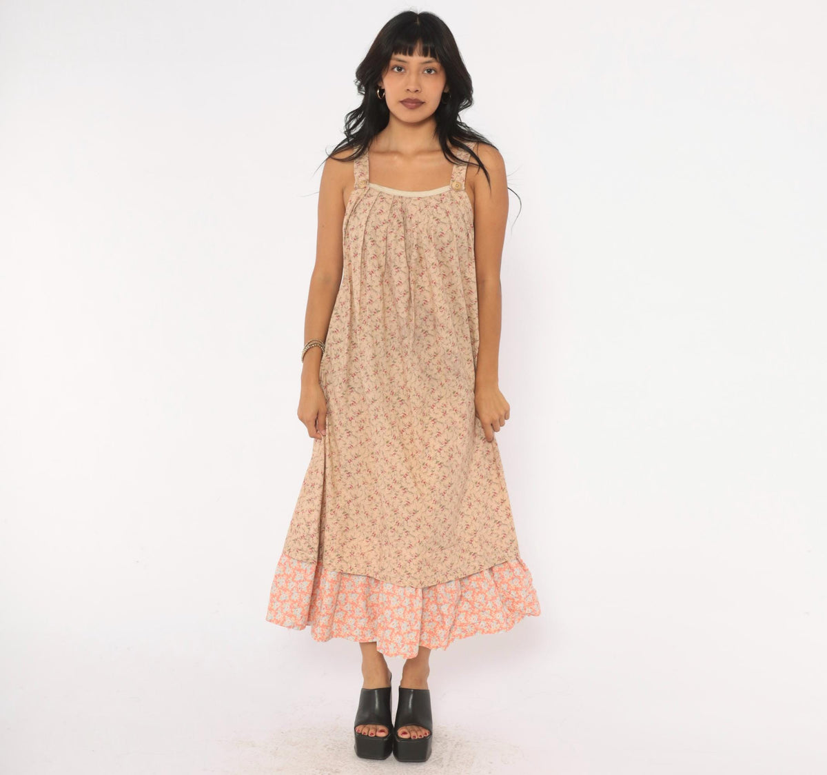 80s Floral Midi Sundress Beige Pink Cotton Square Neck Pleated Bodice Large