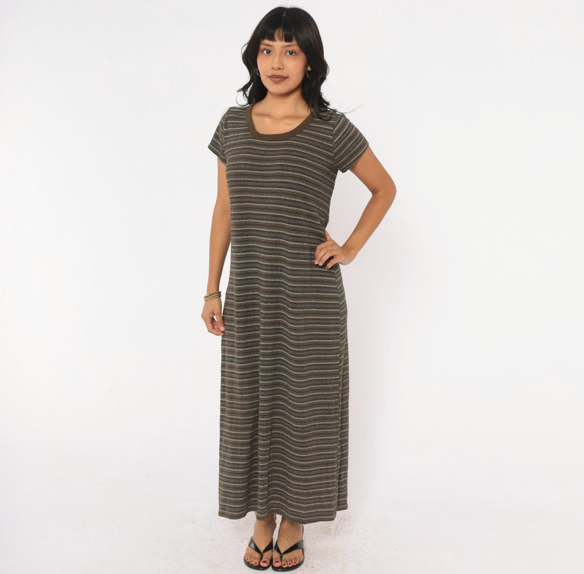 90s No Boundaries Striped Ribbed Knit Midi Dress Olive Brown Scoop Neck Large