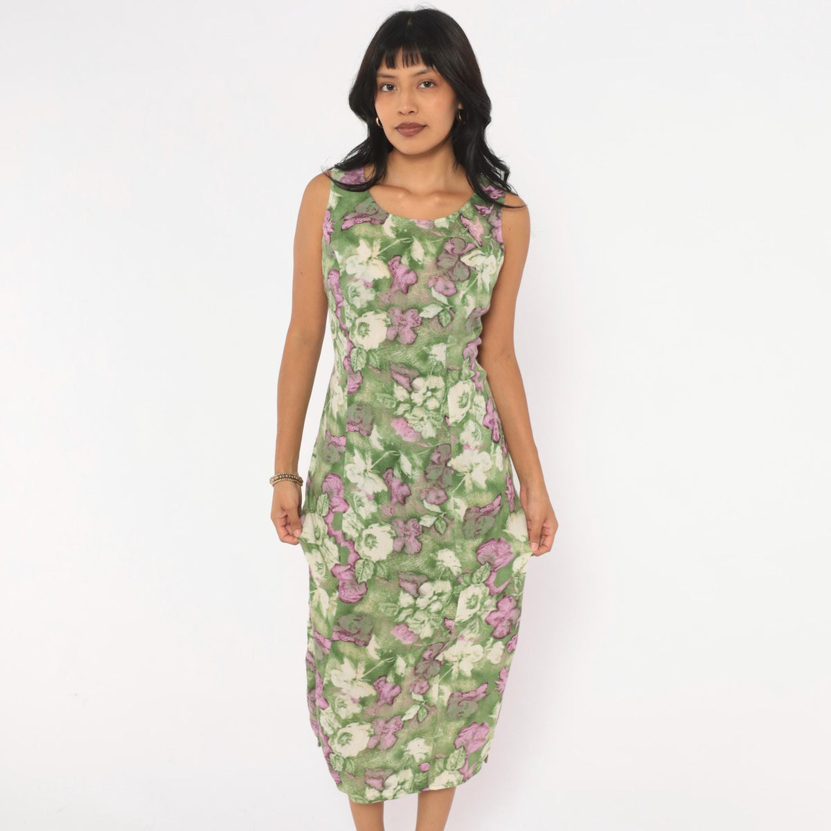 90s Caroline Wells Floral Midi Dress Green Purple Watercolor Small S