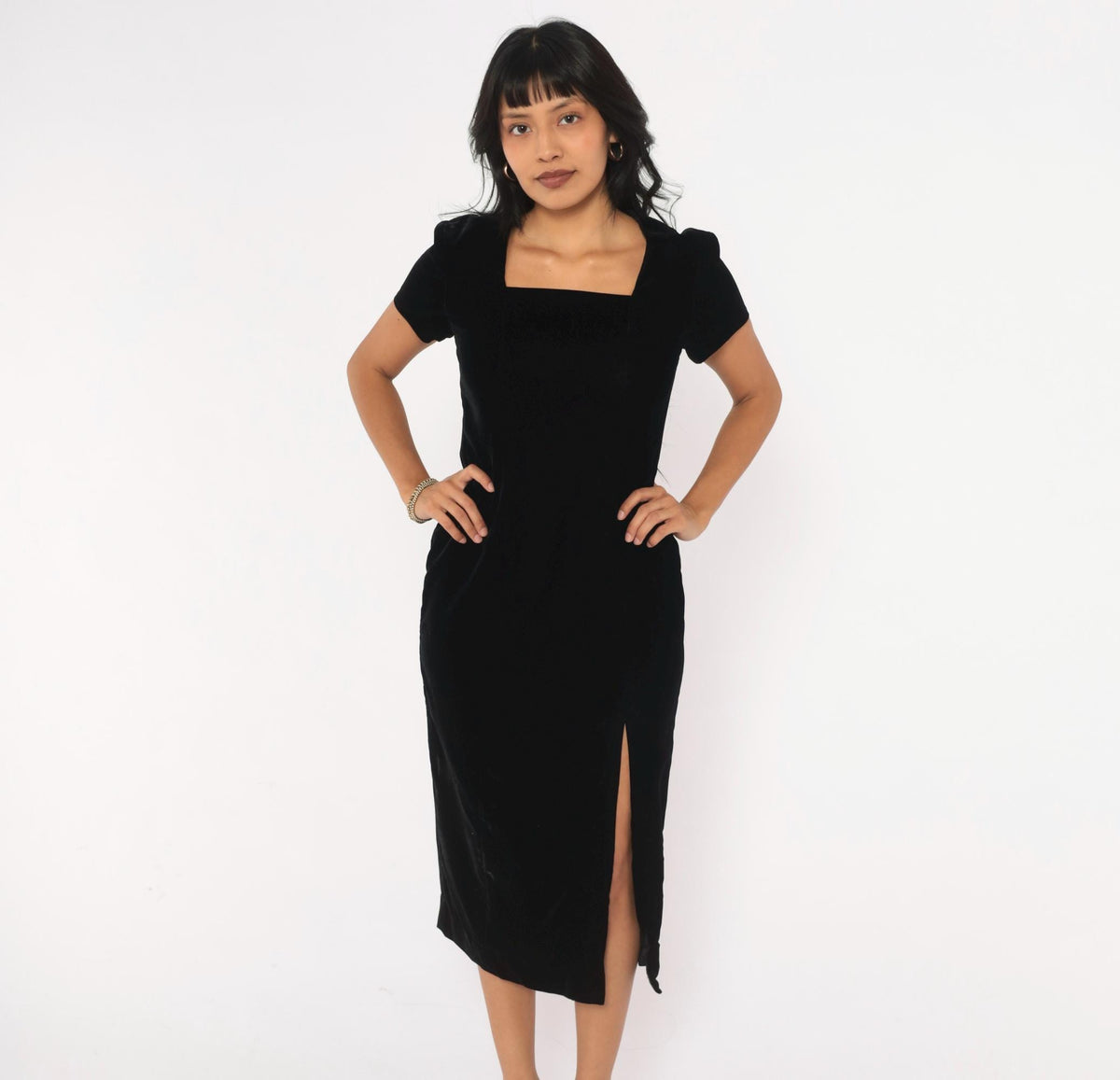 90s Sara Campbell Velvet Midi Dress Black Square Neck Short Sleeve Small S
