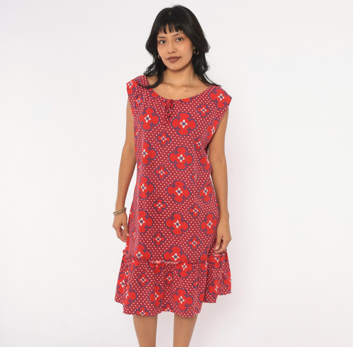 80s Red Floral Cotton Sundress Cobalt Geometric Print Drop Waist Cap Sleeve Large