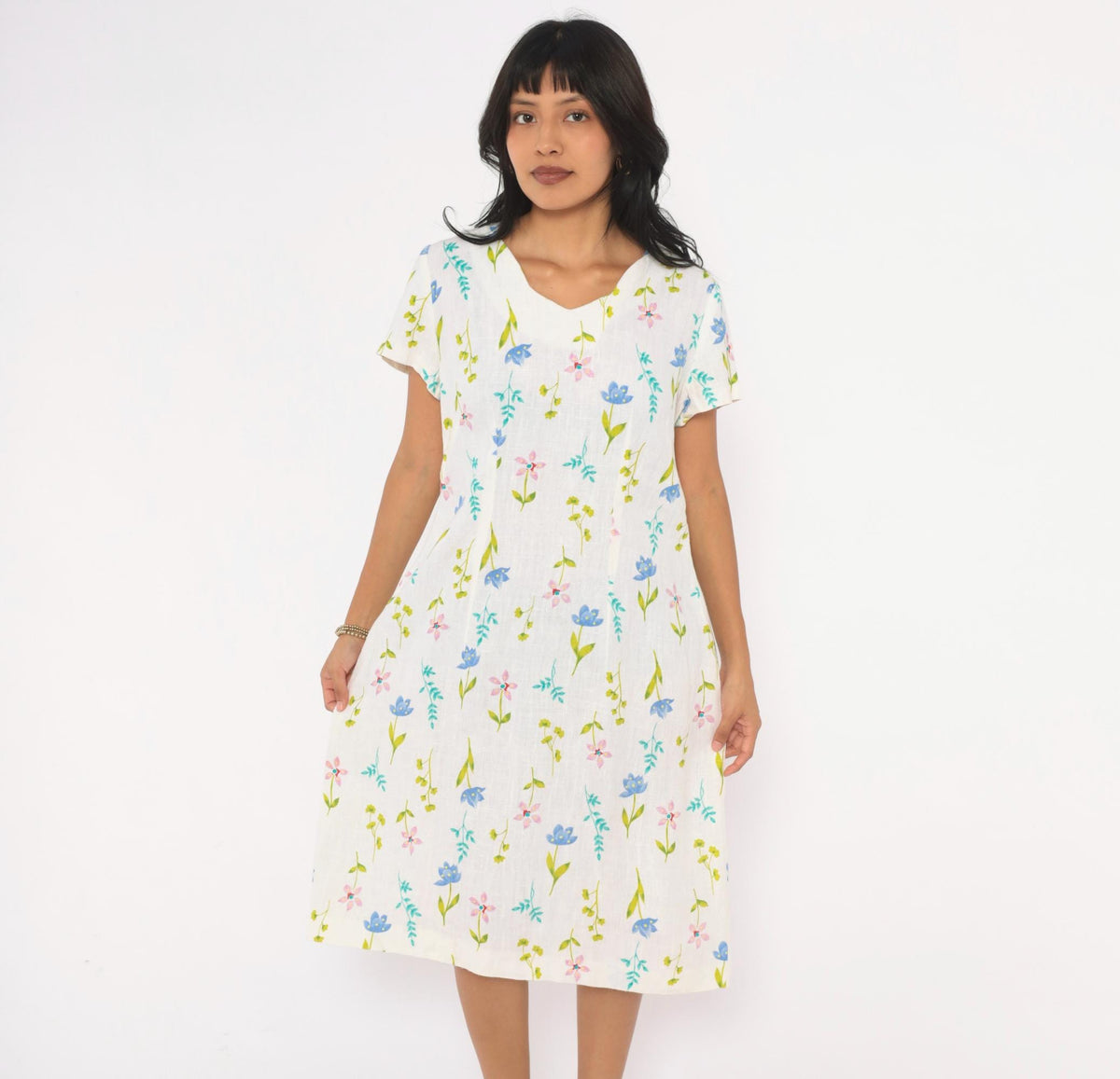 90s White Linen Floral Wildflower Dress V Neck Flutter Sleeve Knee Length Large L