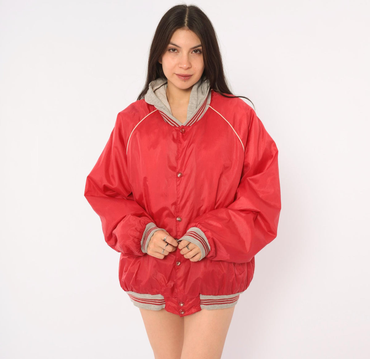 80s Bass Pro Shops Hooded Bomber Jacket Red Grey Raglan Windbreaker Medium