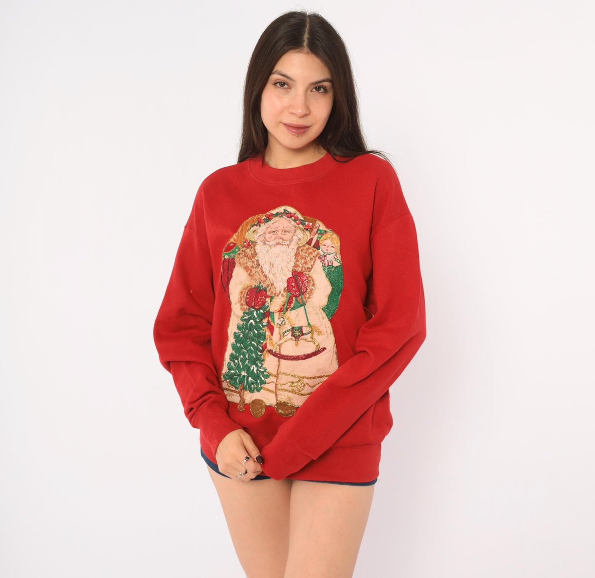 80s Santa Claus Christmas Sweatshirt Red Sequin Glitter Graphic Medium