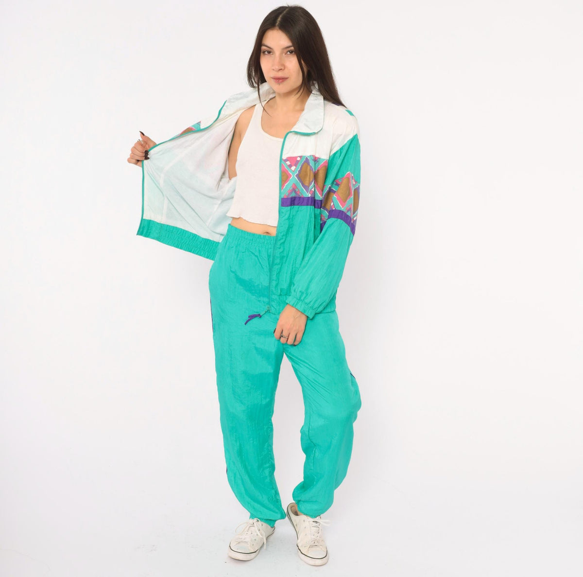 90s PS Sport Teal Tracksuit Set Windbreaker Jacket Jogger Pants Geometric Diamond Print Small