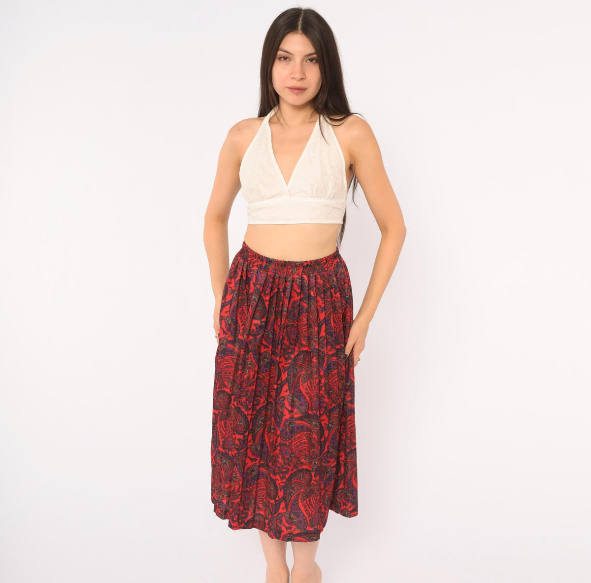 90s Paisley A-Line Skirt Red Black Purple Print Elastic Waist Large L