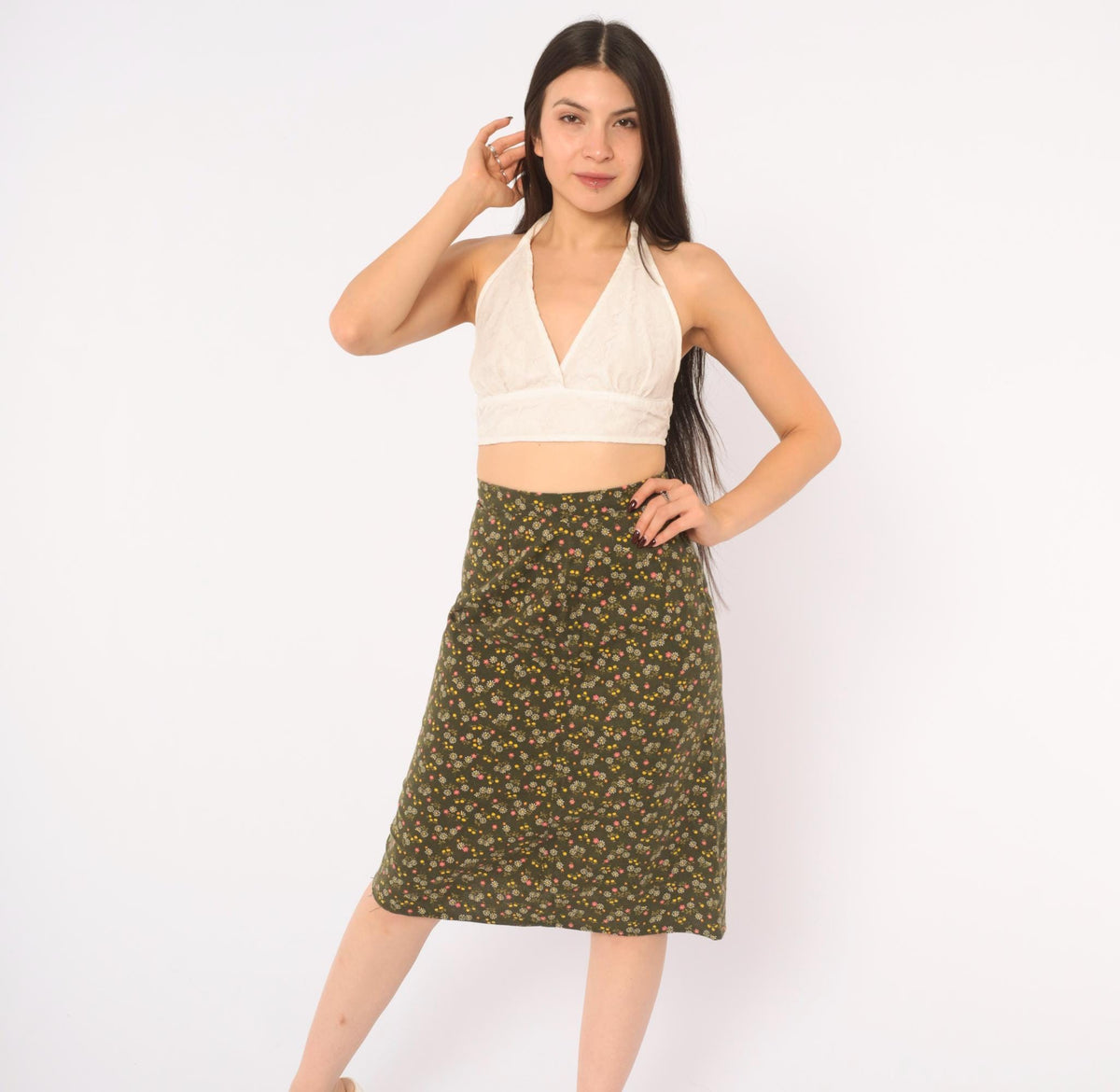 70s Olive Green Ditsy Floral A-Line Skirt High Waist Prairie Extra Small XS
