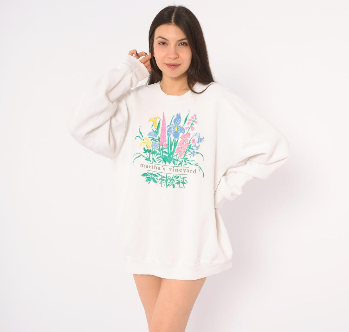 90s Lee Martha's Vineyard Floral Sweatshirt White Wildflower Graphic Large