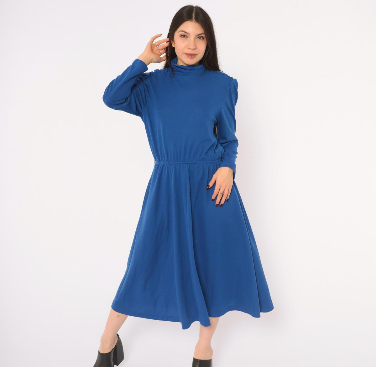 80s Cobalt Midi Dress Puff Shoulder Mock Neck A-Line Pockets Royal Blue Medium M