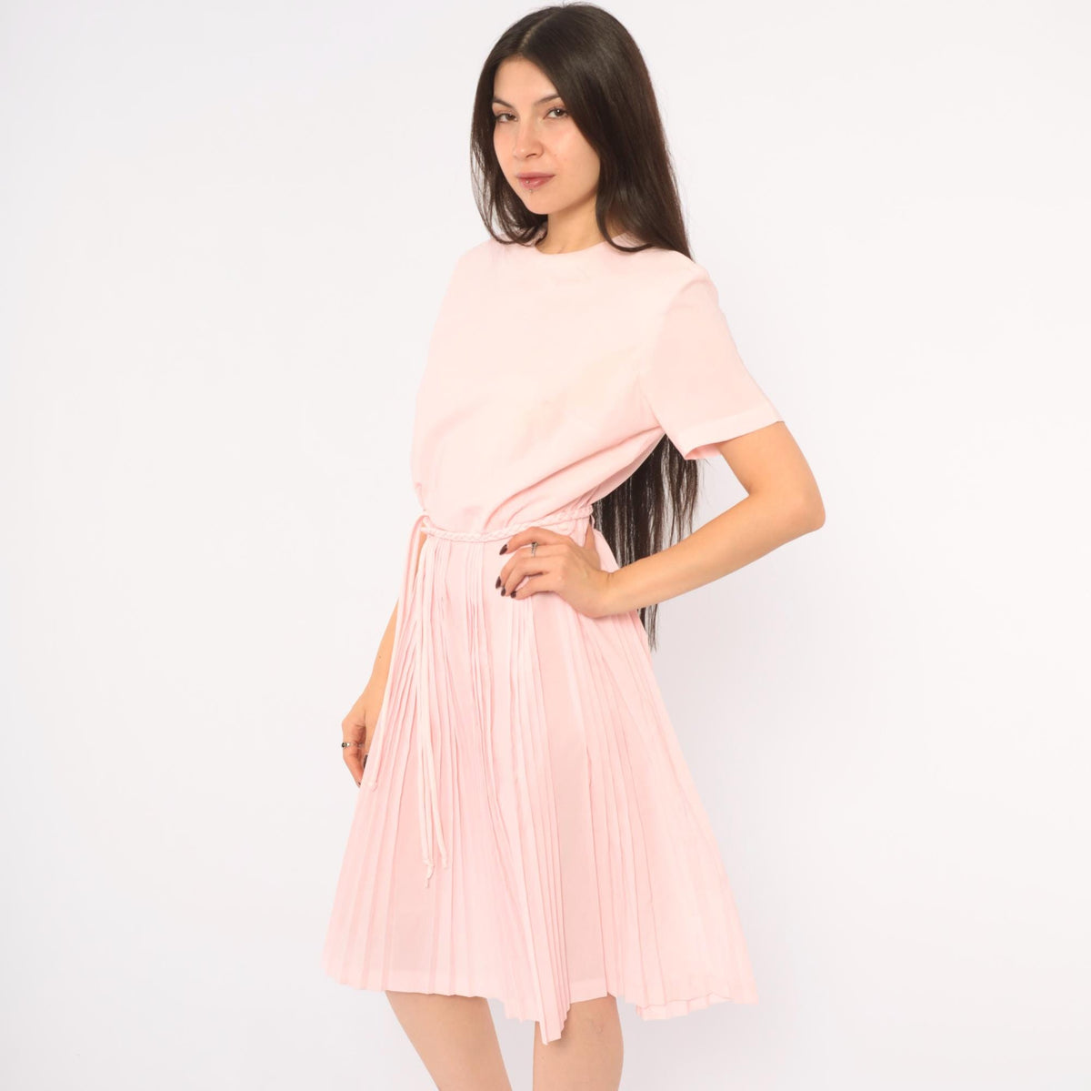 60s Blush Pink Pleated Day Dress Blouson Dropped Waist Crew Neck Small S