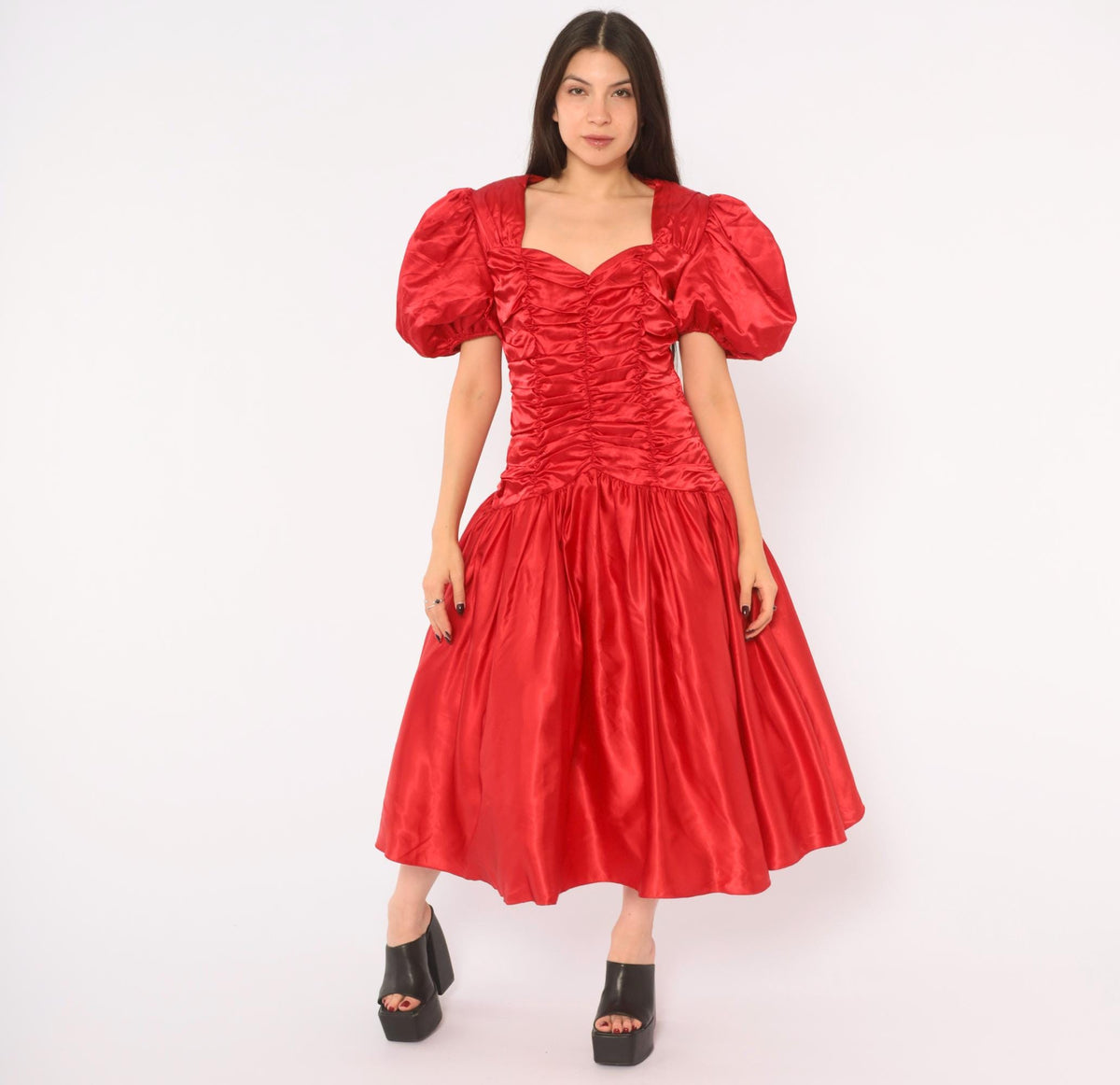 80s Red Prom Dress Sweetheart Neckline Puff Sleeve Open Back Midi Medium