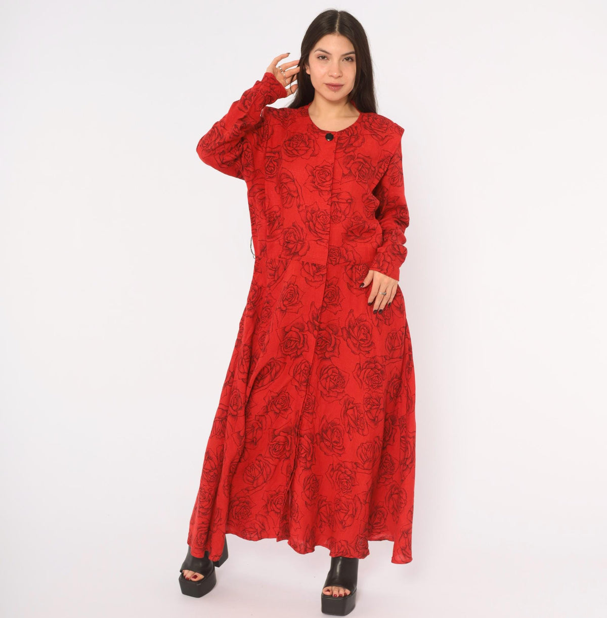 80s Red Rose Print Linen Dress Black Floral Ankle Length Button Front Medium