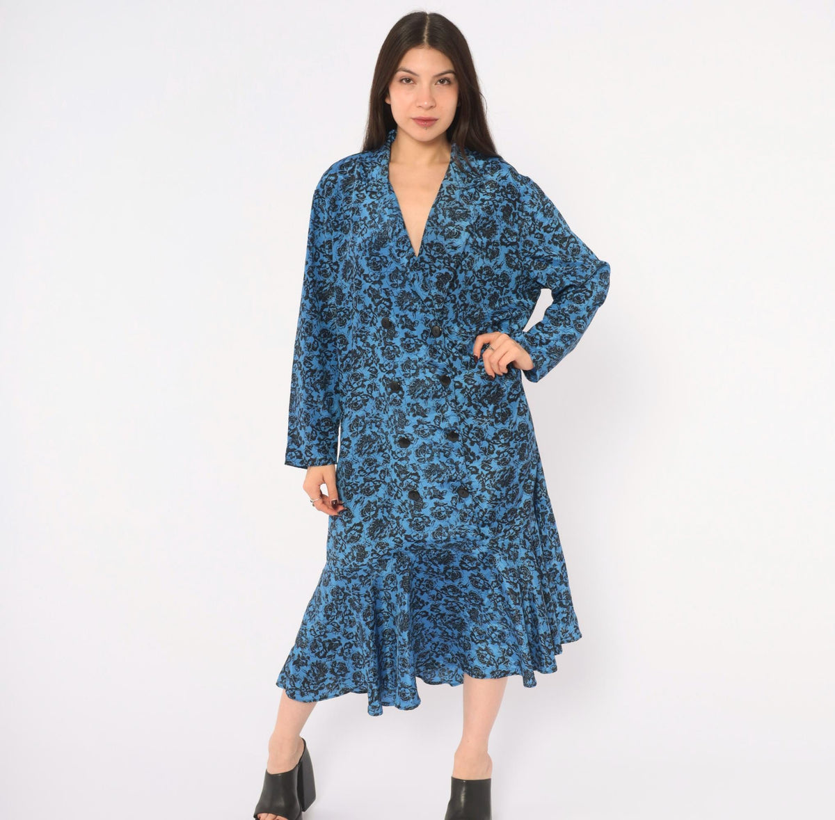 80s Très Paquette Blue Floral Midi Dress Double Breasted V Neck Extra Large