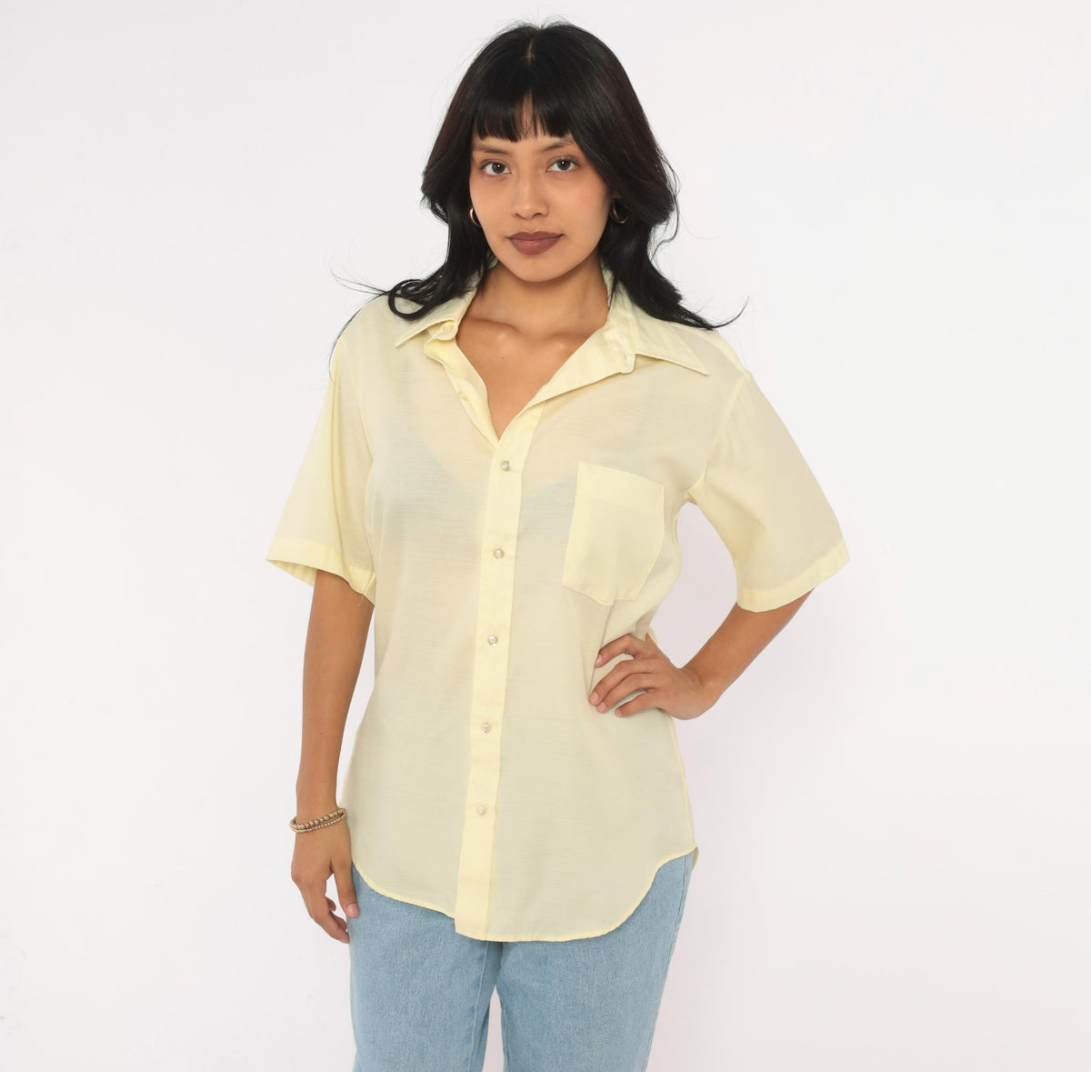 70s Dress-ups Yellow Button Up Shirt Semi Sheer Short Sleeve Pointed Collar Medium