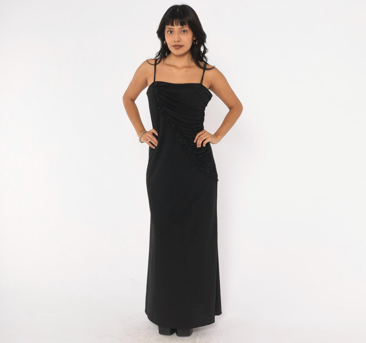 90s Scarlett Black Maxi Dress Beaded Trim Ruched Square Neck Medium M