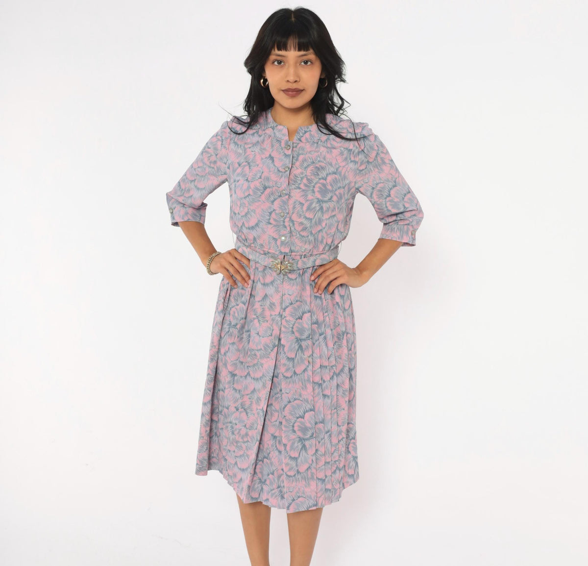 80s Silver Fashion Pink Grey Floral Blouson Dress Button Front Pleated Small S