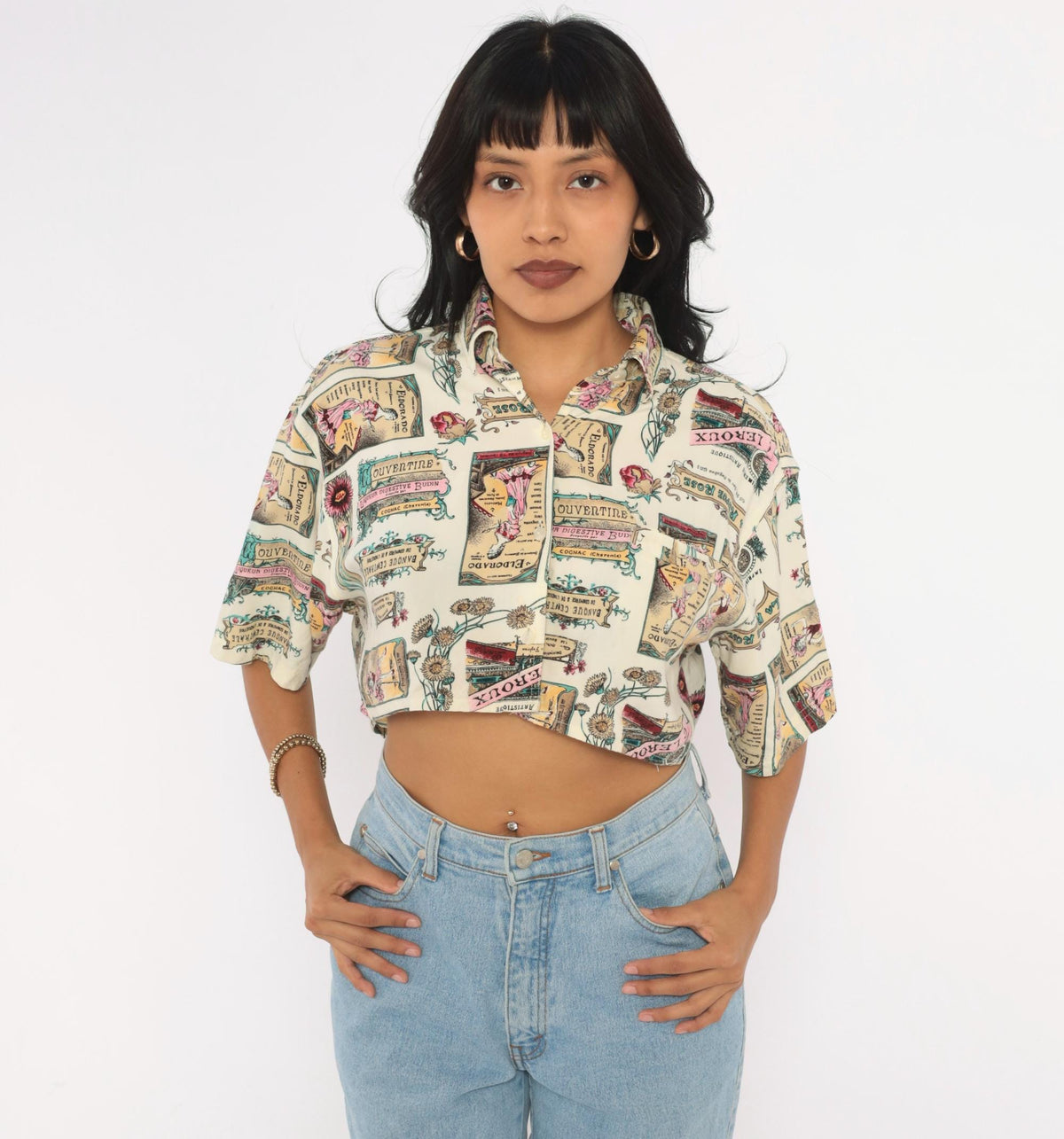90s Jaspe Crop Top Beige Floral Poster Print Button Front Blouse Medium