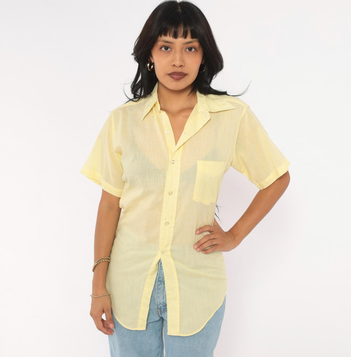70s Yellow Cotton Button Up Shirt Short Sleeve Pointed Collar Chest Pocket Extra Small XS