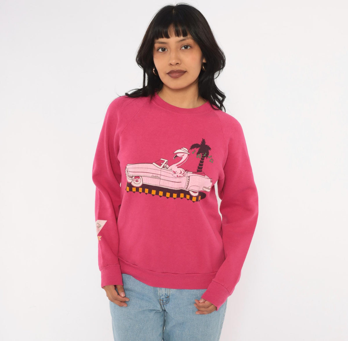 90s Jerzees Flamingo Convertible Car Raglan Sweatshirt Pink Small