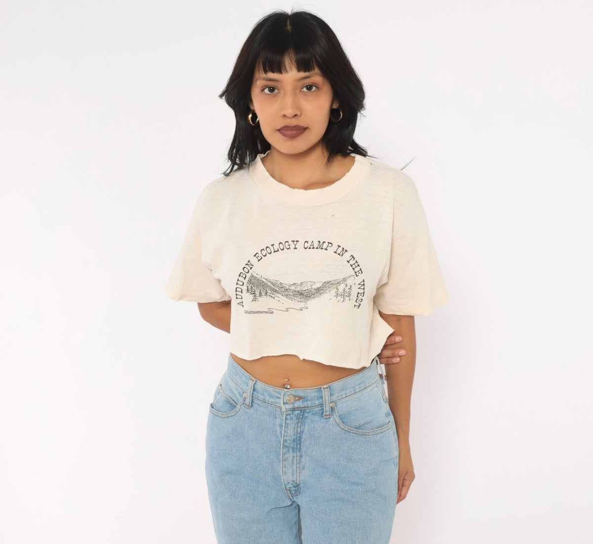 90s Audubon Ecology Camp Mountain Pine Tree Graphic Crop Top Cream Small