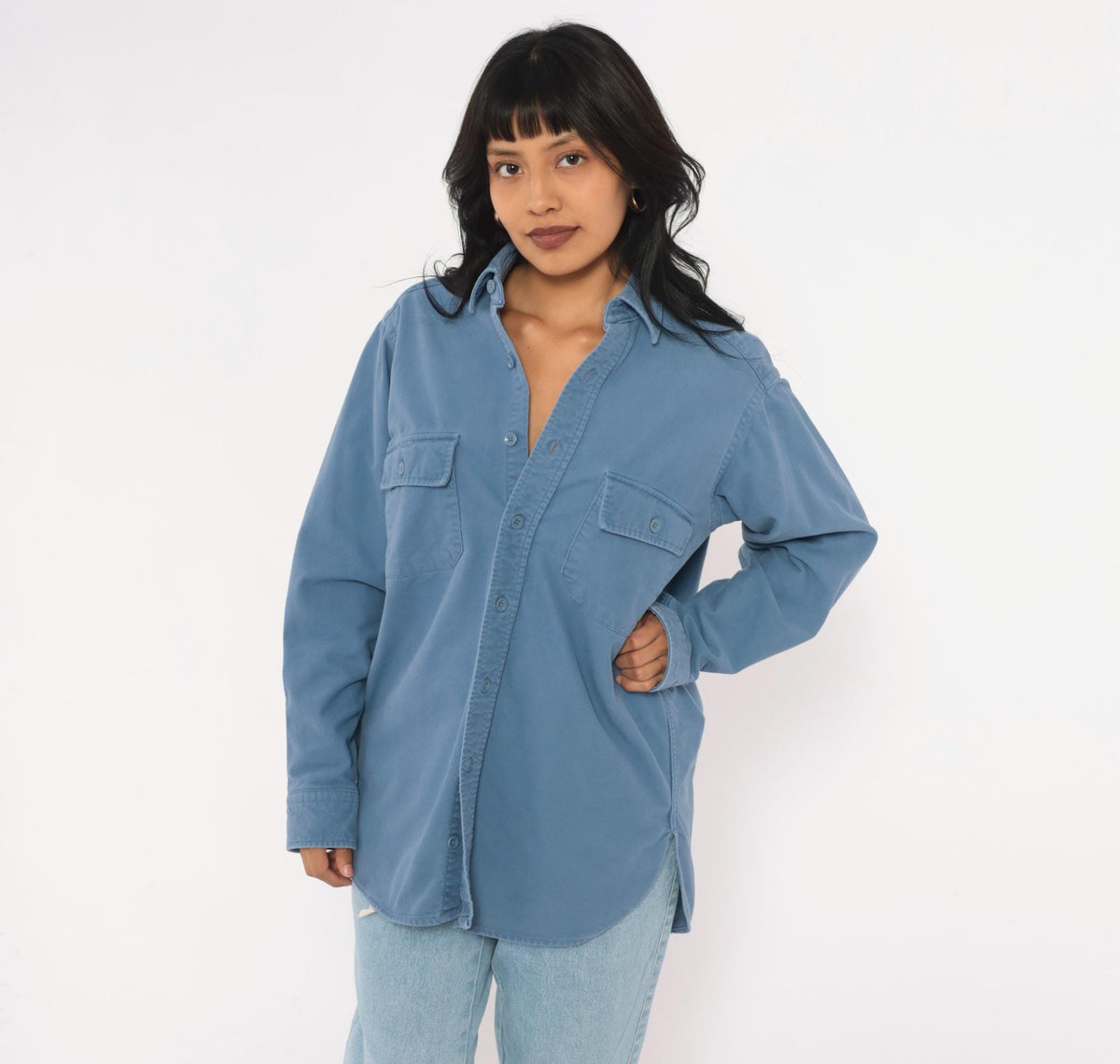 90s L.L.Bean Slate Blue Cotton Work Shirt Chest Pocket Collared Medium