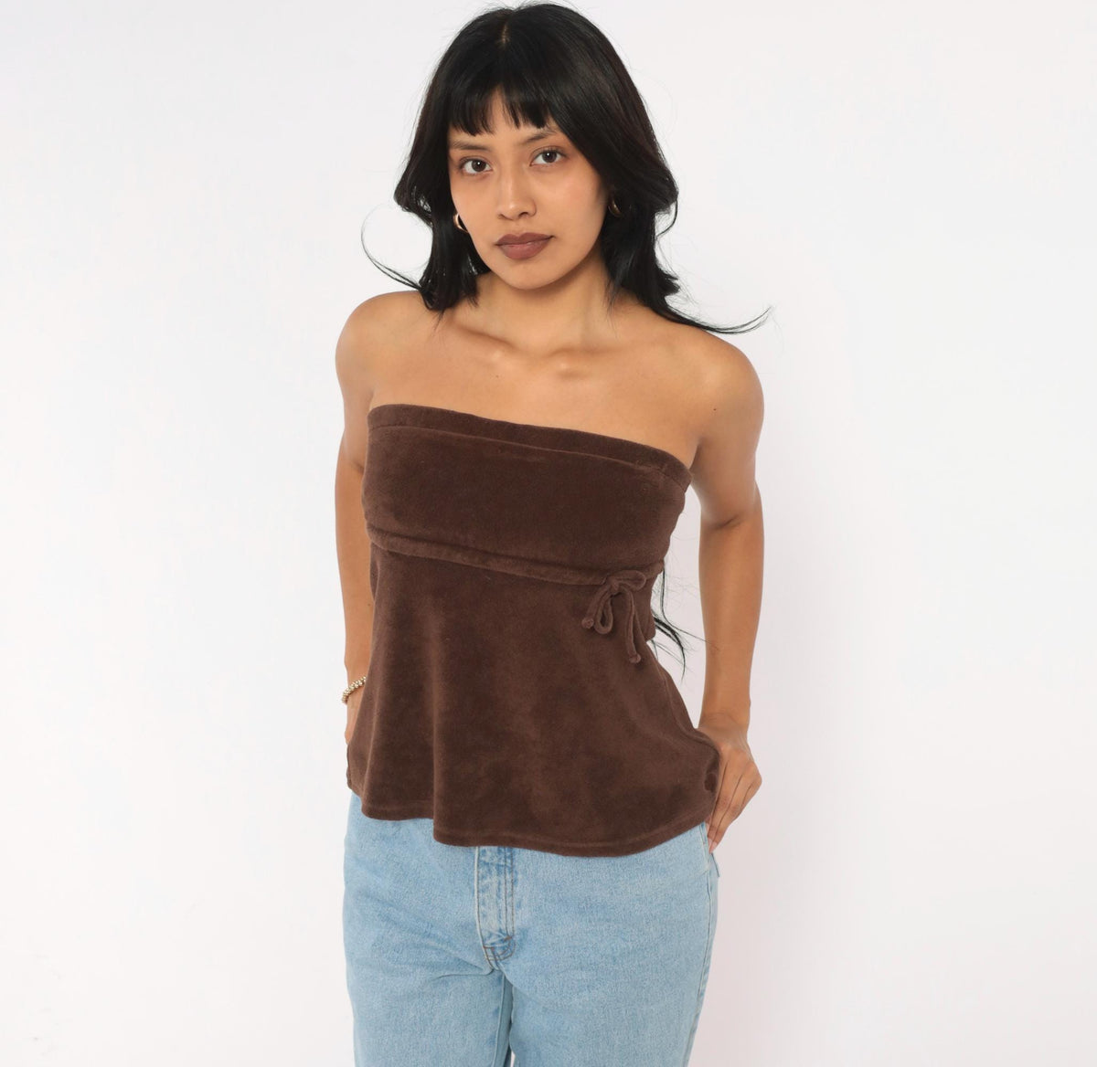 Y2K Brown Terry Tube Top Strapless Drawstring Tie Waist Small