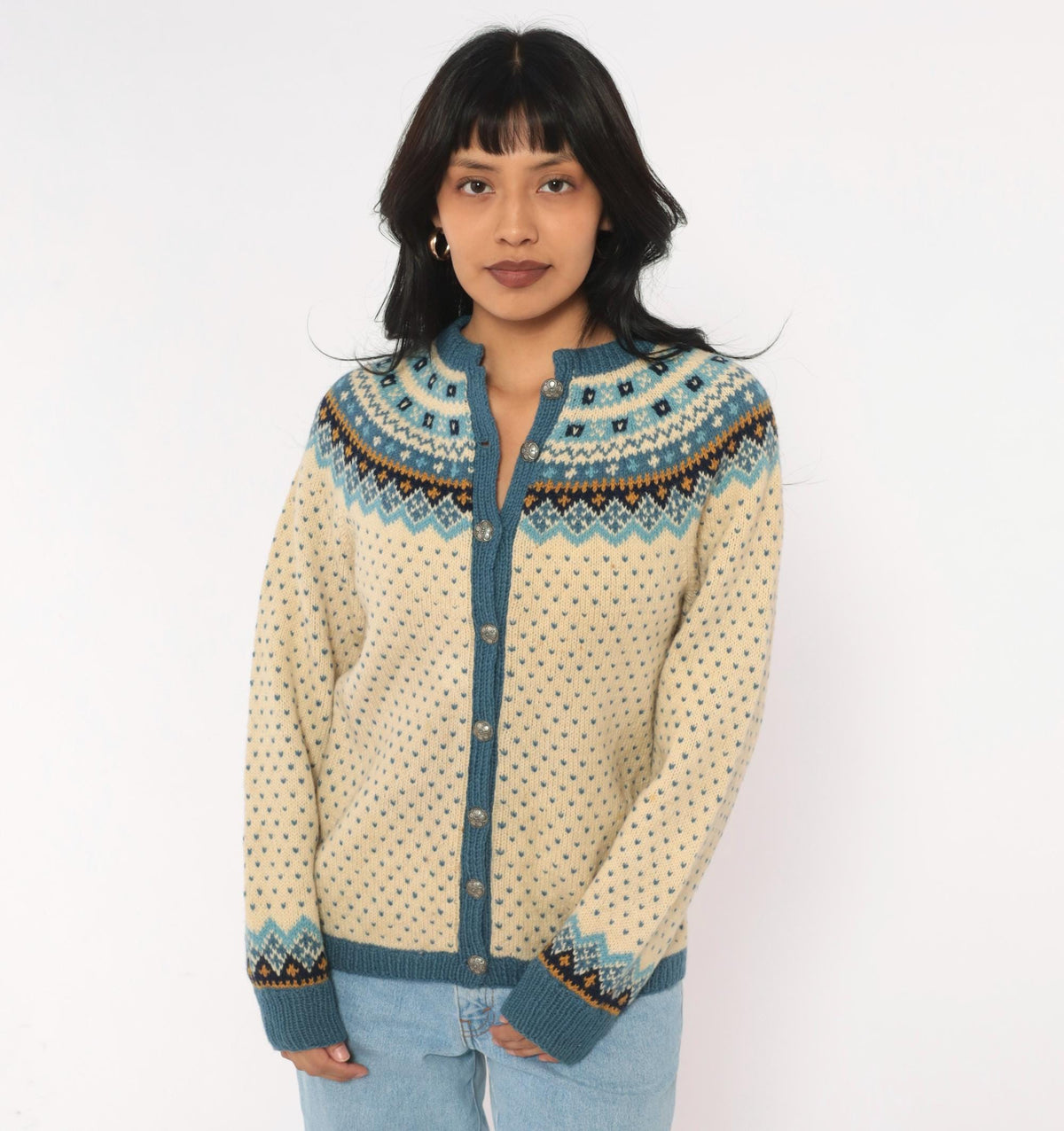 70s Norsk Husflid Fair Isle Wool Cardigan Blue Cream Nordic Knit Small
