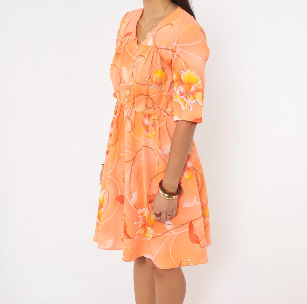 90s Orange Floral Knee-Length Dress V-Neck Button Front A-Line Medium M
