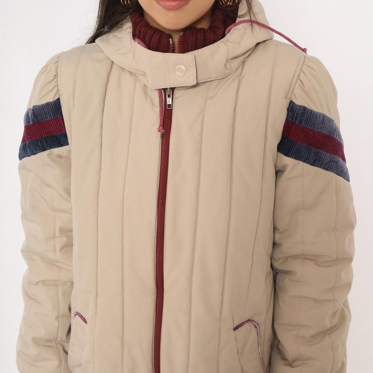 80s JC Penney Cream Puffer Coat Hooded Quilted Ski Jacket Small