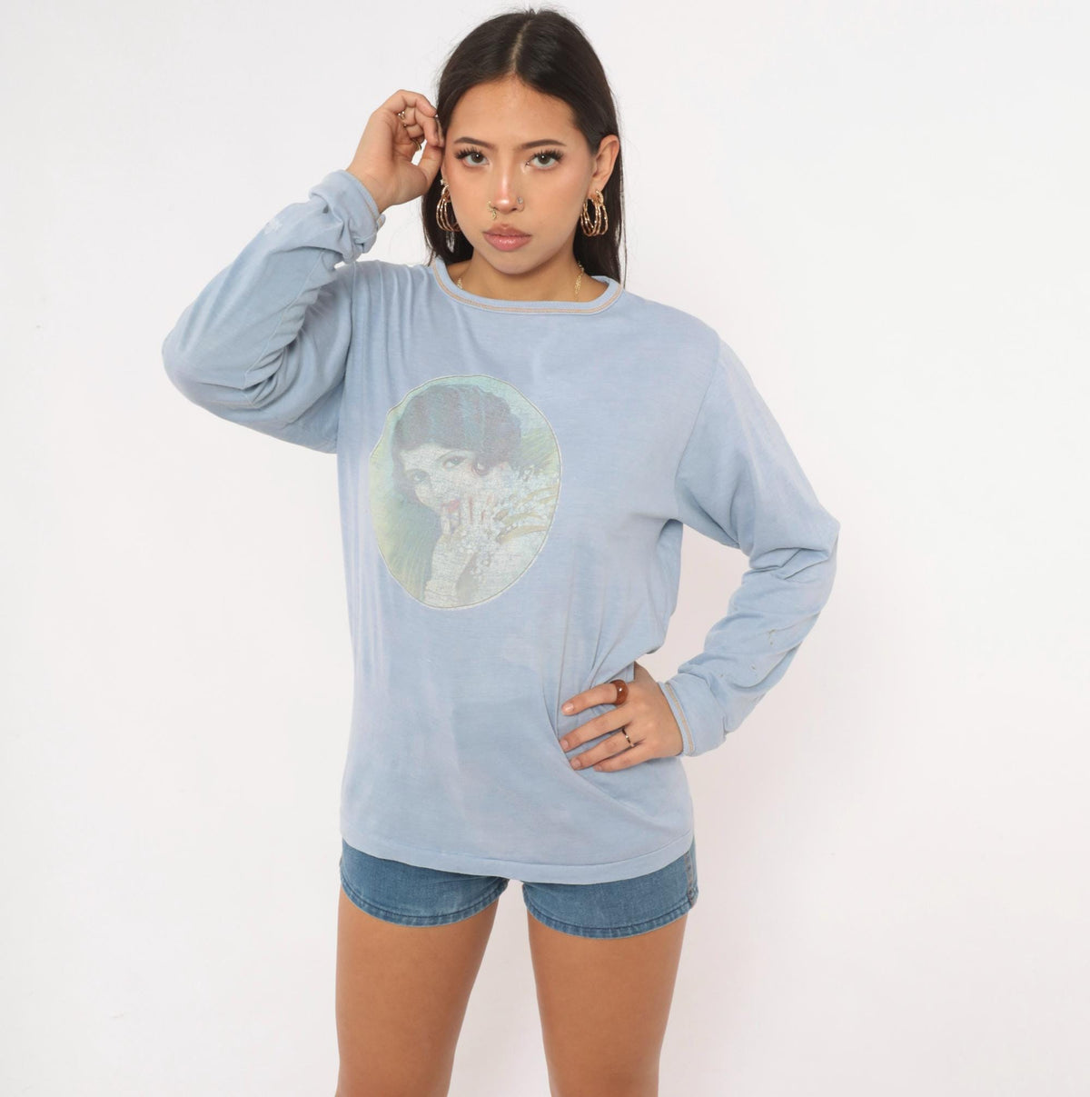 80s Skipper Portrait Graphic Tee Light Blue Long Sleeve Victorian Woman Large