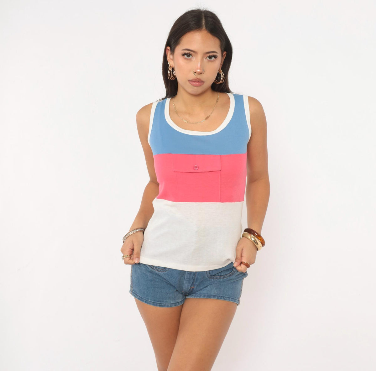 80s Color Block Tank Top Blue Pink White Cotton Sleeveless Extra Small XS