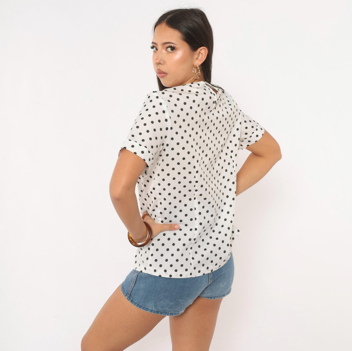 70s Sears Polka Dot Blouse White Black Bow Tie Collar Keyhole Back Medium