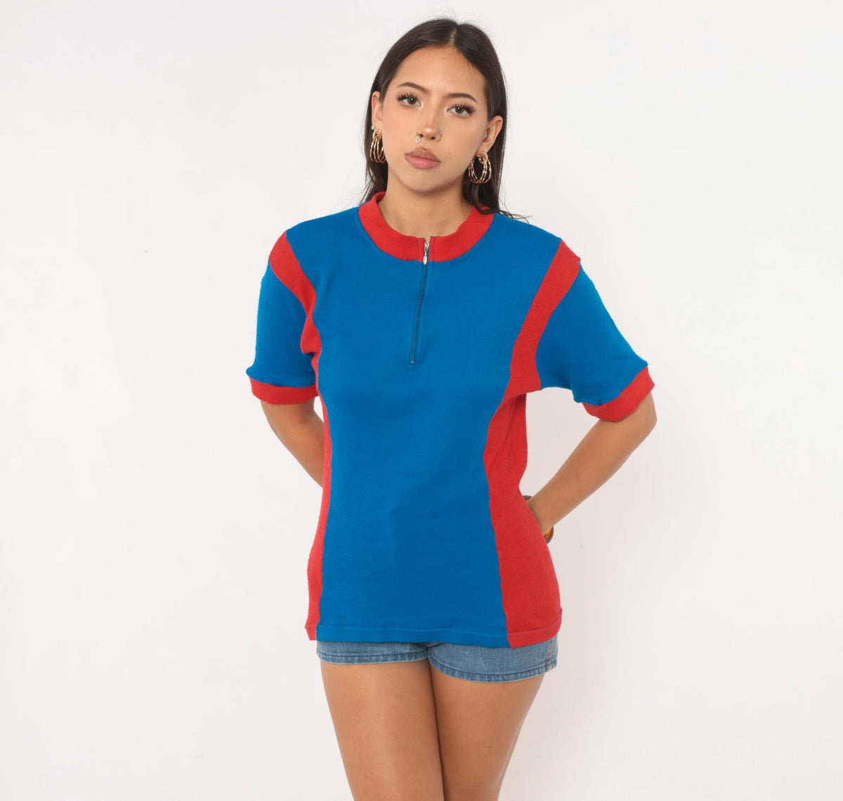 80s Bike Nashbar Cycling Jersey Blue Red Color Block Quarter Zip Medium