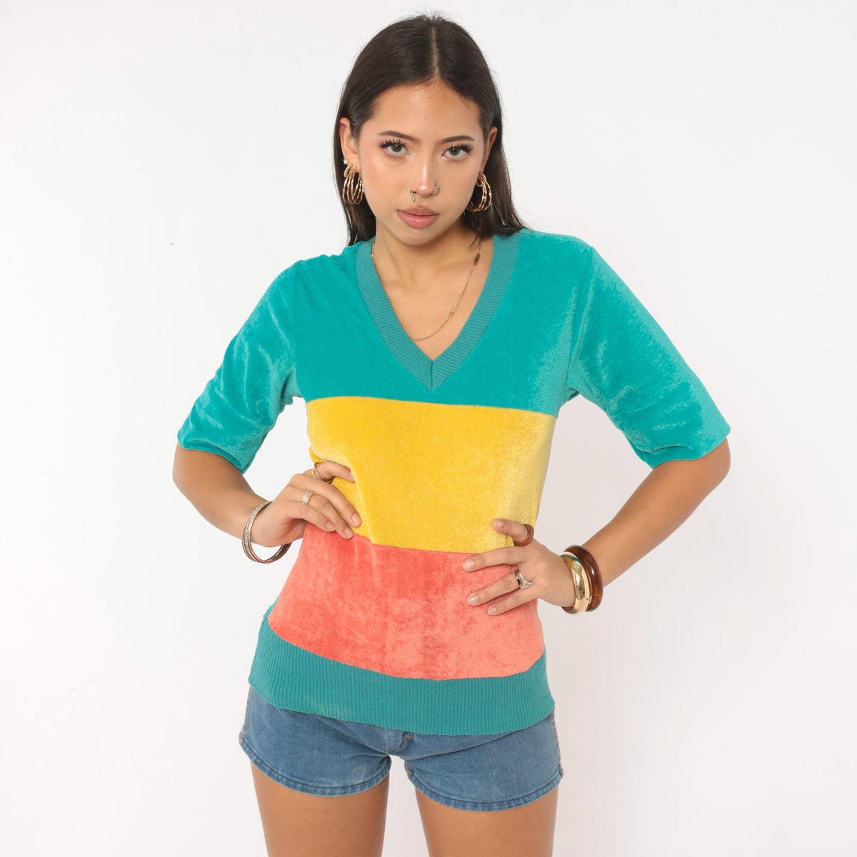 80s Velour Color Block V-Neck Pullover Teal Yellow Coral Medium