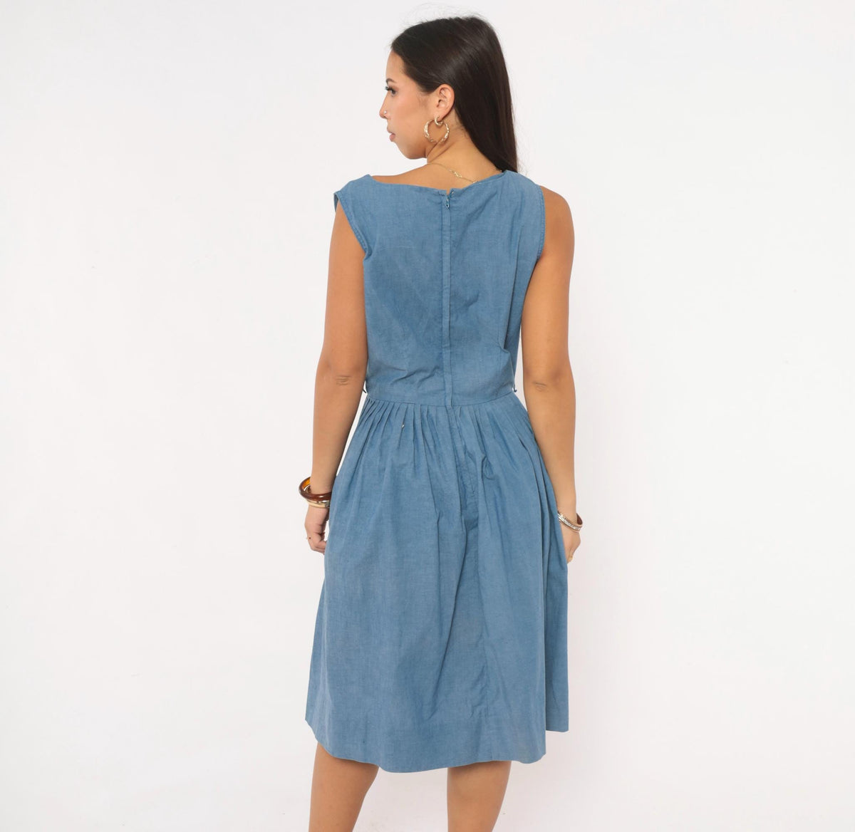 60s Blue Chambray Dress Cat Applique Boat Neck Below Knee Small