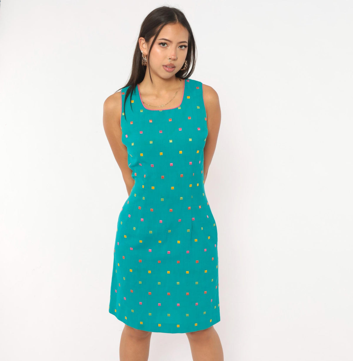 90s First Focus Teal Shift Dress Embroidered Geometric Scoop Neck Small